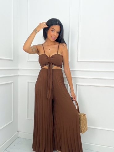 Komplet top i spodnie plisowane wide leg czekolada Cassandra