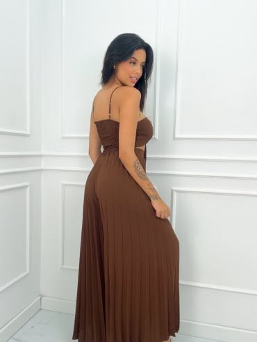 Komplet top i spodnie plisowane wide leg czekolada Cassandra