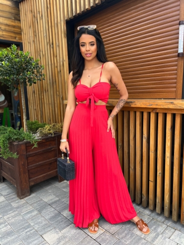 Komplet top i spodnie plisowane wide leg czerwony Cassandra