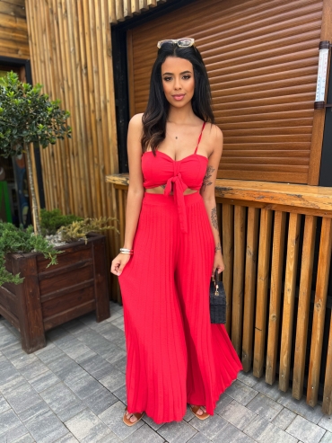 Komplet top i spodnie plisowane wide leg czerwony Cassandra