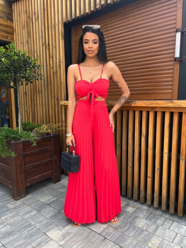 Komplet top i spodnie plisowane wide leg czerwony Cassandra