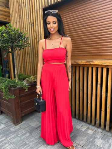 Komplet top i spodnie plisowane wide leg czerwony Cassandra