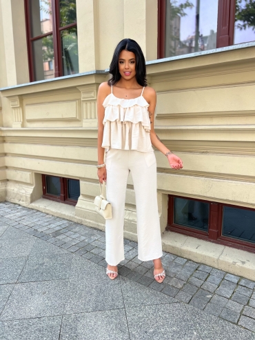 Komplet spodnie wide leg I bluzka z falbanami jasny beż Chicago