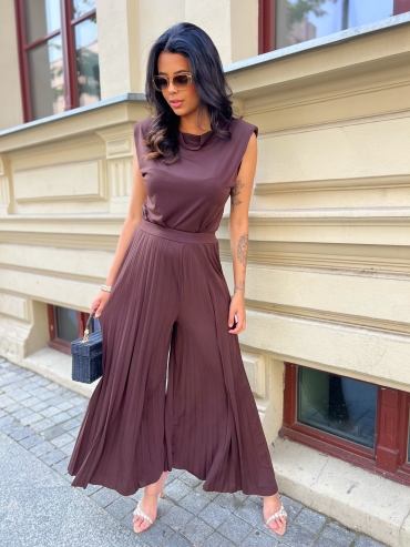 Komplet bluzka i spodnie plisowane wide leg czekolada Muriel