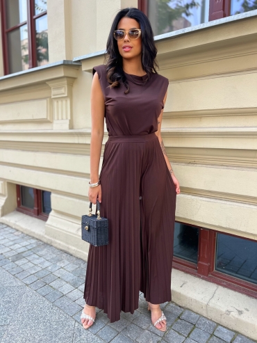 Komplet bluzka i spodnie plisowane wide leg czekolada Muriel