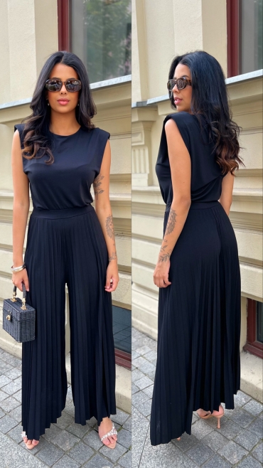 Komplet bluzka i spodnie plisowane wide leg czarny Muriel