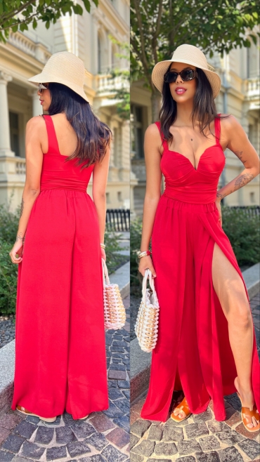 Spodnie wide leg z rozcięciem czerwone Raina