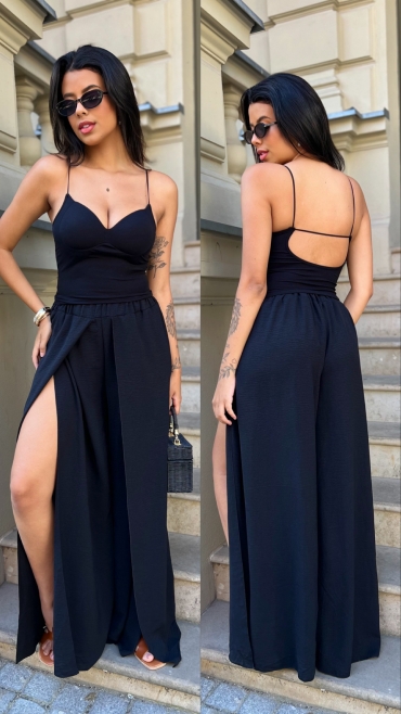 Spodnie wide leg z rozcięciem czarne Raina