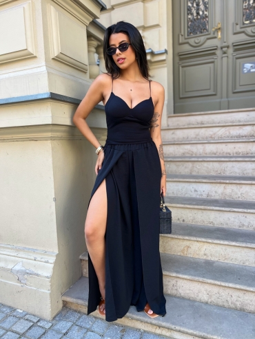 Spodnie wide leg z rozcięciem czarne Raina