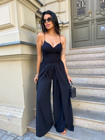 Spodnie wide leg z rozcięciem czarne Raina