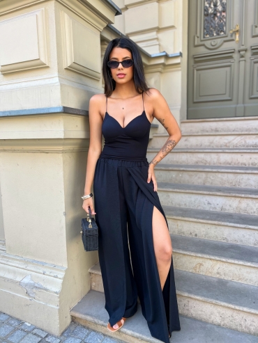 Spodnie wide leg z rozcięciem czarne Raina