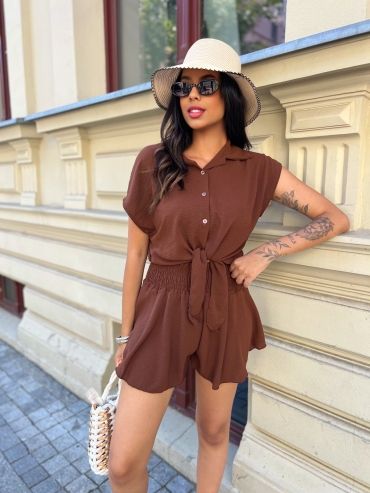 Komplet koszula i rozkloszowane szorty brąz Chicca