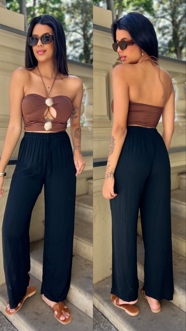 Spodnie wiskozowe wide leg czarne Sarah