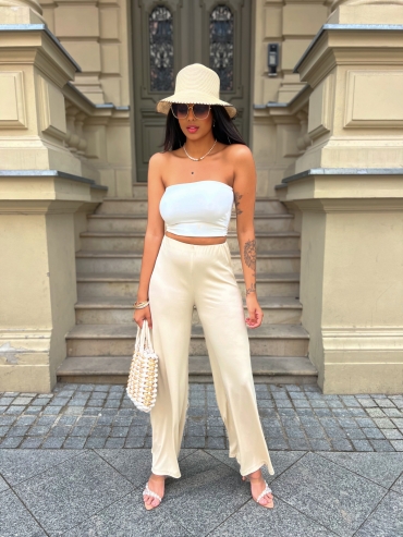 Spodnie elastyczne wide leg beż prążek