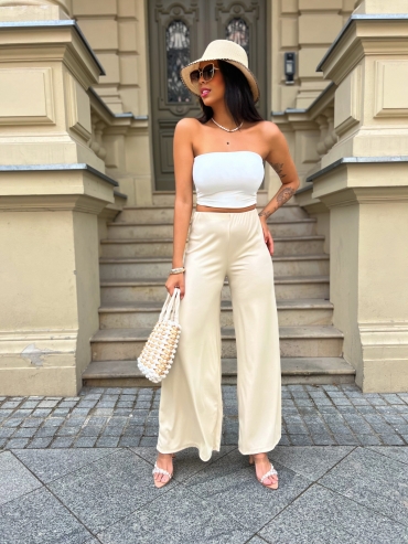 Spodnie elastyczne wide leg beż prążek