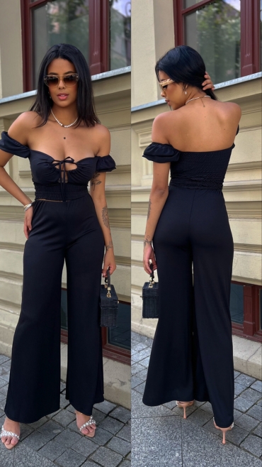 Spodnie elastyczne wide leg czarne prążek