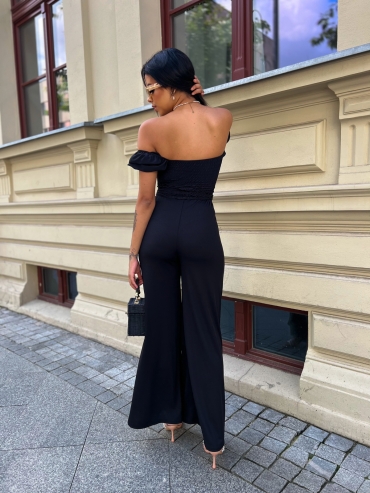 Spodnie elastyczne wide leg czarne prążek