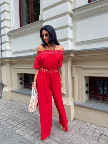 Komplet bluzka i spodnie wide leg czerwony Sofia