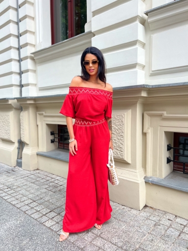 Komplet bluzka i spodnie wide leg czerwony Sofia