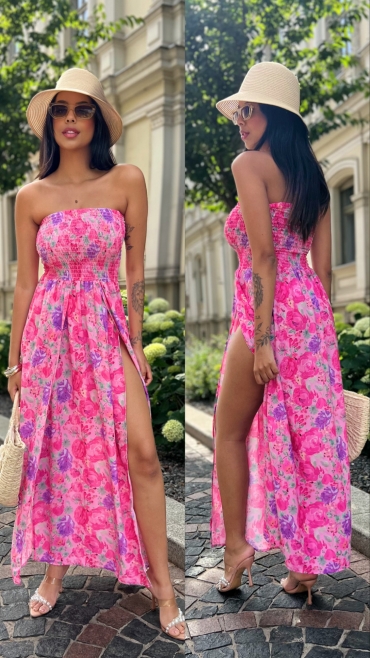 Sukienka kwiatowa maxi z rozcięciami różowa flower Bona