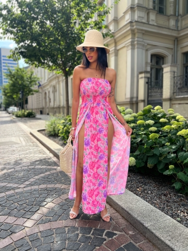 Sukienka kwiatowa maxi z rozcięciami różowa flower Bona