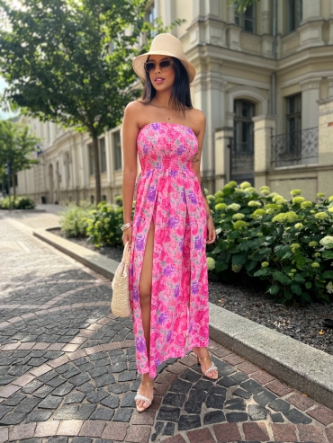 Sukienka kwiatowa maxi z rozcięciami różowa flower Bona