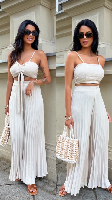Komplet top i spodnie plisowane wide leg beż Cassandra