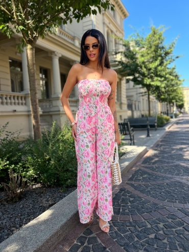 Kombinezon kwiatowy z szeroką nogawka i gumką w biuście biały flower Priscilla