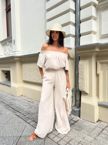 Komplet bluzka i spodnie wide leg beż Sofia
