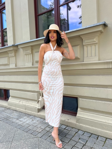 Sukienka marszczona midi na szyję beżowa zebra Virginia