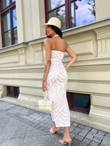 Sukienka marszczona midi na szyję beżowa zebra Virginia