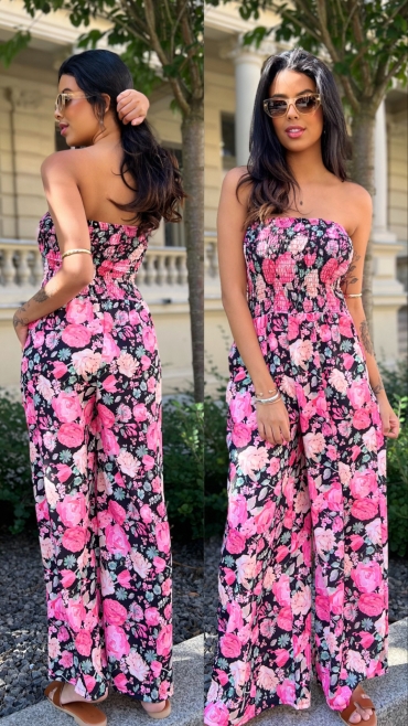 Kombinezon kwiatowy z szeroką nogawka i gumką w biuście czarny flower Priscilla
