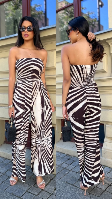 Kombinezon z szeroką nogawka i gumką w biuście zebra beż czekolada Priscilla