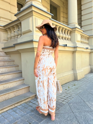 Kombinezon z szeroką nogawka i gumką w biuście zwierzęcy print karmel Priscilla