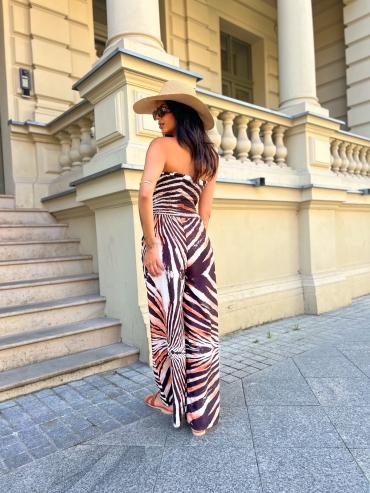 Kombinezon z szeroką nogawka i gumką w biuście zebra karmel czekolada Priscilla