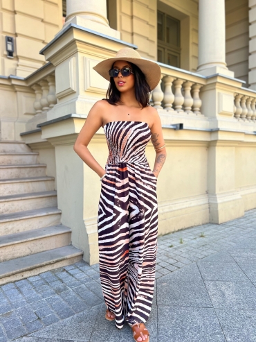 Kombinezon z szeroką nogawka i gumką w biuście zebra karmel czekolada Priscilla