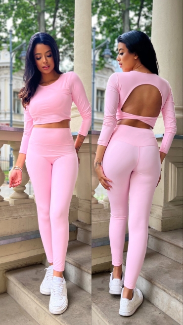 Komplet sportowy legginsy z top odkryte plecy cukierkowy róż