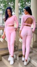 Komplet sportowy legginsy z top odkryte plecy cukierkowy róż