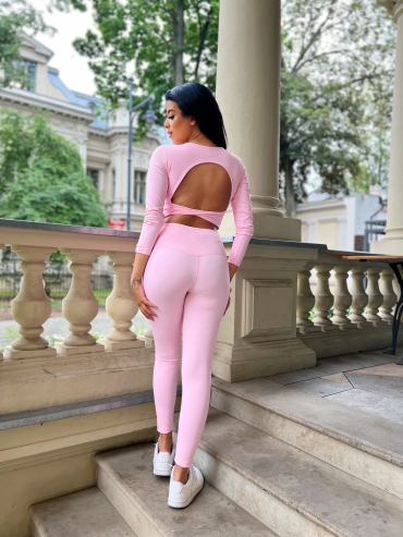 Komplet sportowy legginsy z top odkryte plecy cukierkowy róż