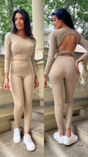 Komplet sportowy legginsy z top odkryte plecy mokka