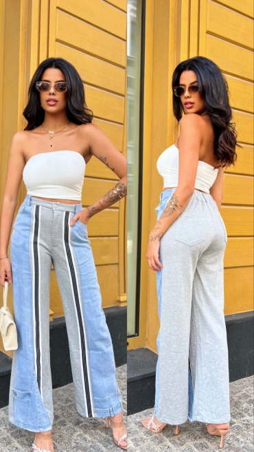 Spodnie wide leg bawełniane z jeansem szare Marlee