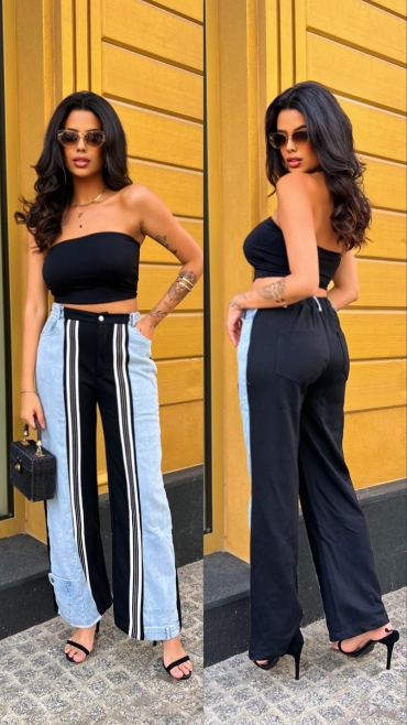 Spodnie wide leg bawełniane z jeansem czarne Marlee