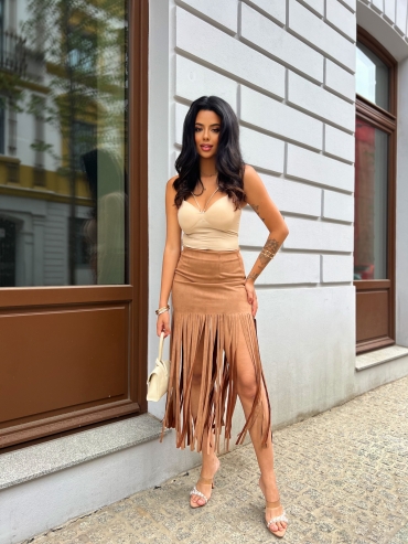 Spódnica midi zamszowa z frędzlami camel Penny
