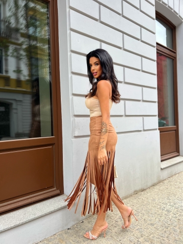 Spódnica midi zamszowa z frędzlami camel Penny