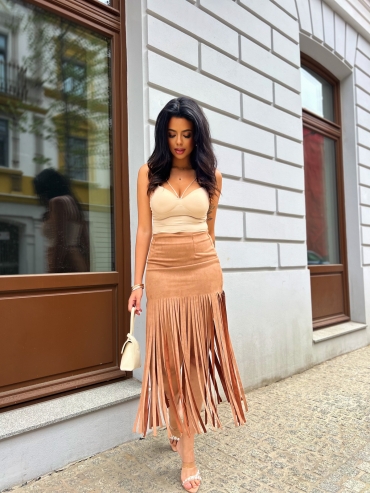 Spódnica midi zamszowa z frędzlami camel Penny