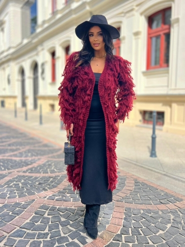 Długi kardigan z frędzlami burgund Torri