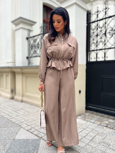 Komplet koszulowy bluzka i spodnie wide leg mokka Noemi