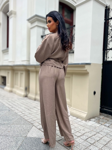 Komplet koszulowy bluzka i spodnie wide leg mokka Noemi