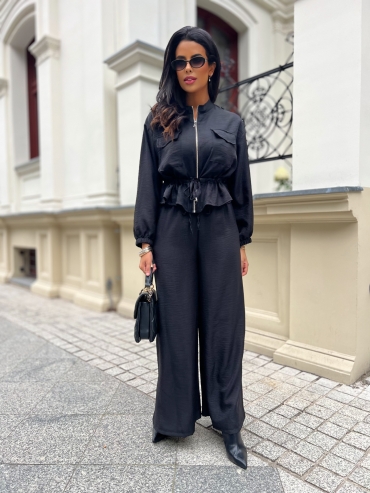 Komplet koszulowy bluzka i spodnie wide leg czarny Noemi