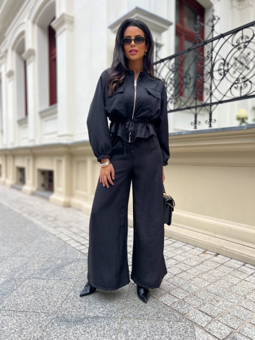 Komplet koszulowy bluzka i spodnie wide leg czarny Noemi